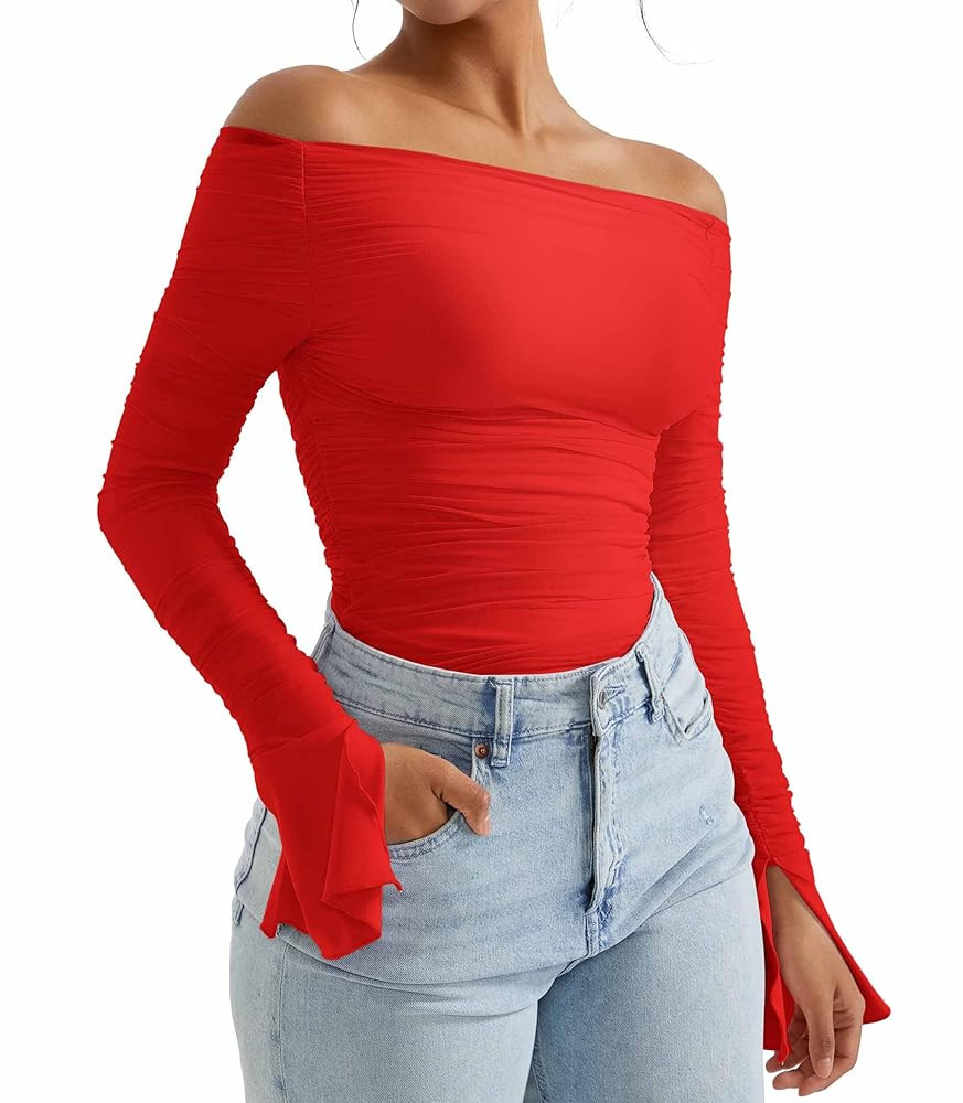 OMKAGI Women Long Sleeve Tops Boat Neck Off Shoulder Shirts Fitted Going Out Y2K Crop Top | Amazon (US)