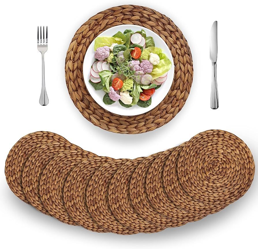 (4 Sizes: 12"-13"-14"-15") BARIEN Brown Woven Placemats Round Set of 10, Natural Water Hyacinth W... | Amazon (US)