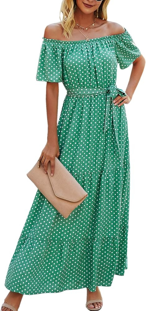 Angashion Women Dresses Off Shoulder Ruffle Casual Short Sleeves Polka Dot Floral Maxi Dress with... | Amazon (US)