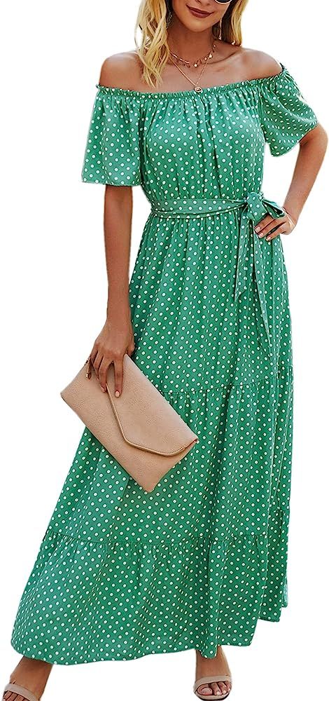Angashion Women Dresses Off Shoulder Ruffle Casual Short Sleeves Polka Dot Floral Maxi Dress with... | Amazon (US)
