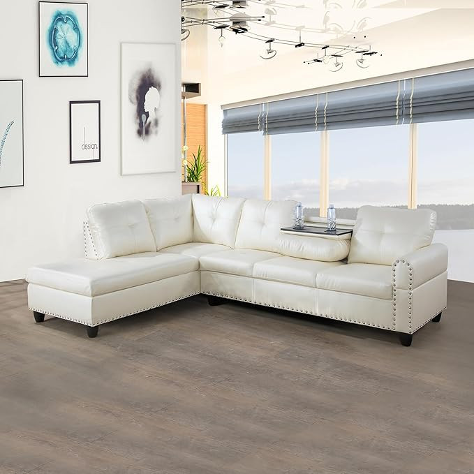 FUOROLA Sarita 2 Piece Faux Leather Left Facing Sectional Sofa, White | Amazon (US)