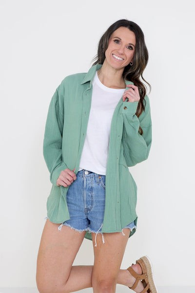 ACOA Clothing Oversized Cotton Gauze Top for Women in Basil Green | Glik's