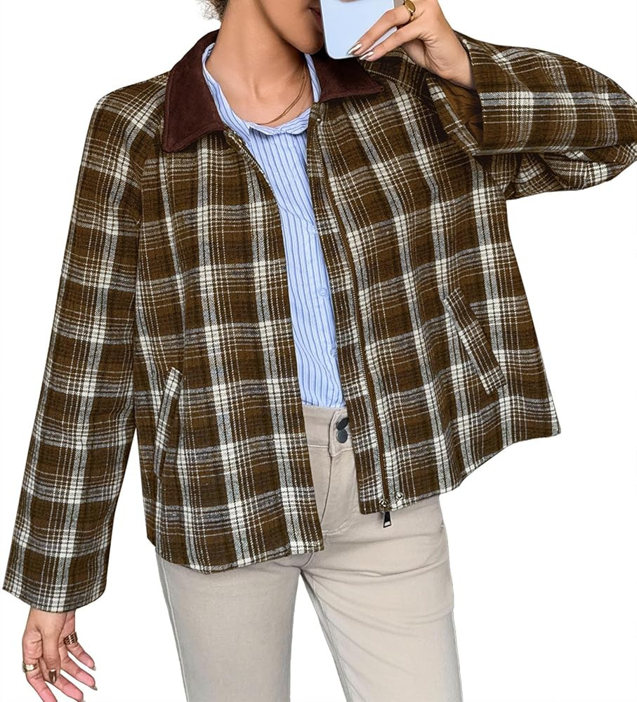 Tankaneo Womens Plaid Cropped Jackets Barn Lightweight Flannel Zip Up Utility Coat Casual Short J... | Amazon (US)