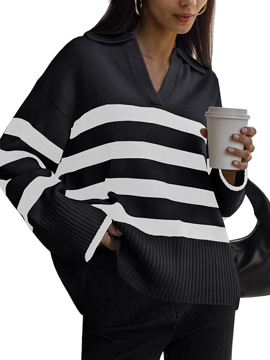 LILLUSORY Fall Womens Striped Fashion 2023 Sweaters Collared Oversized Outfits Knit Pullover Tuni... | Amazon (US)