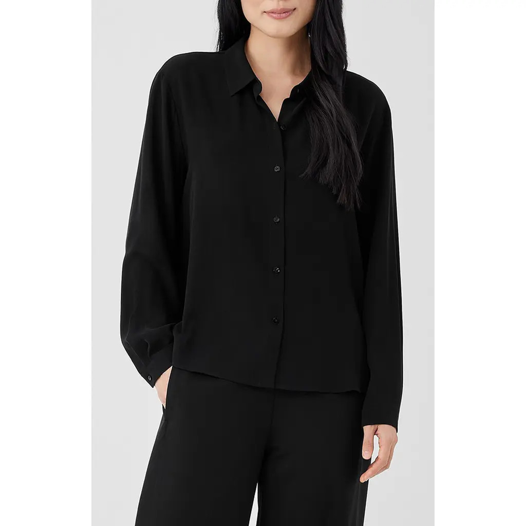 Eileen Fisher Easy Classic Collar Silk Button-Up Shirt in Black at Nordstrom, Size X-Small | Nordstrom