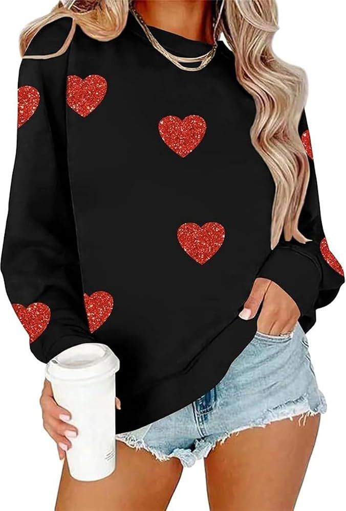 Womens Valentines Sweatshirt Funny Love Heart Long Sleeve Graphic Shirt Casual Pullover Top | Amazon (US)