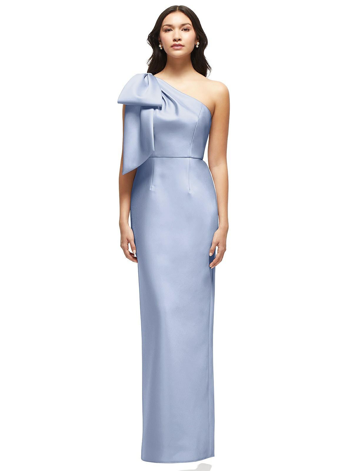 Oversized Bow One-Shoulder Satin Column Maxi Dress in Sky Blue | Dessy Group
