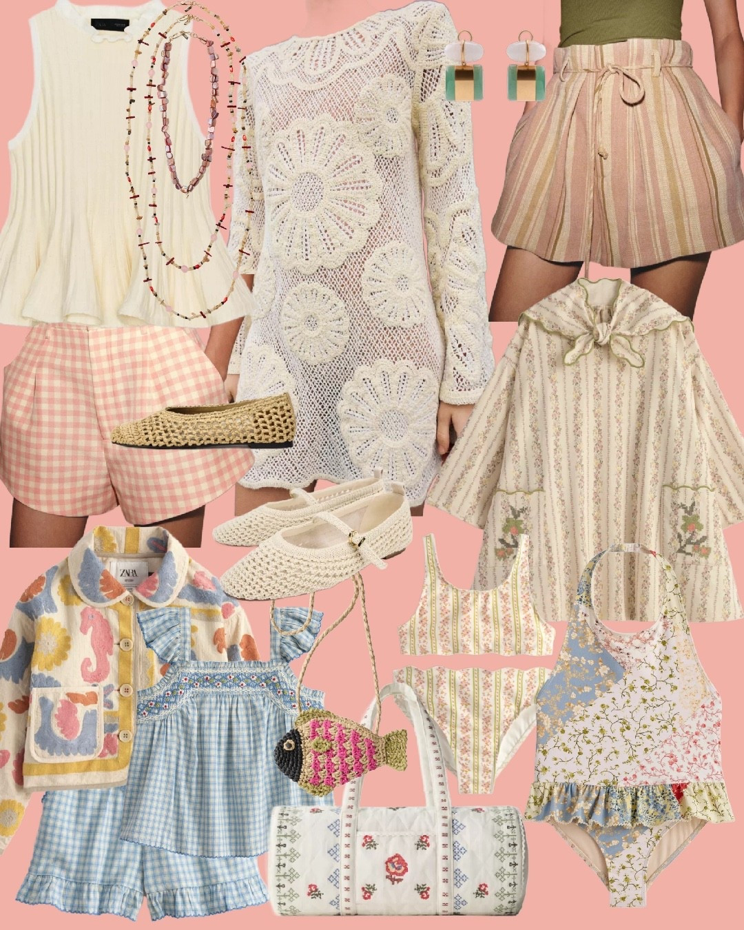 @Zara new arrivals! 

This Zara drop is so good. Think delicate crochet, vintage-inspired florals, and the sweetest little sets for summer days, beach trips, and everything in between. Saving every single piece 🤍✨

Shop all my Zara favorites below ↓

PRODUCT DETAILS:
• Cream pleated sleeveless blouse
• Pink gingham tailored shorts
• Crochet floral long sleeve mini dress (statement piece 🤍)
• Striped linen tie-waist shorts
• Green fitted tank top
• Geometric statement earrings (green + gold)
• Woven mesh ballet flats
• Crochet Mary Jane flats (neutral)
• Embroidered hooded jacket with floral detailing
• Multicolor patchwork jacket with contrast trim
• Blue gingham smocked romper
• Crochet fish crossbody bag
• Quilted floral weekender / duffle bag
• Striped bikini set (top + high-waisted bottoms)
• Patchwork floral one-piece swimsuit

Everything feels like a modern take on vintage—perfect for that effortless, collected-over-time look 🌿

#LTKStyle #LTKFinds #LTKSeasonal #ZaraFinds #ZaraSummer #GrandmillennialStyle #CoastalStyle #FeminineStyle #ClassicStyle #SummerOutfits #BeachStyle #ResortWear #VintageInspired #ChicStyle #MomStyle #EffortlessStyle #NeutralStyle #SoftAesthetic #CapsuleWardrobe #SummerWardrobe