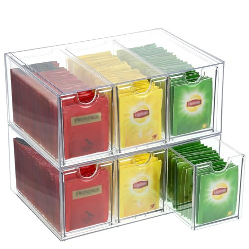 HFYZZ 6 Drawers Tea Bag Organizer, Clear Acrylic Tea Bag Storage Organizer, Stackable Tea Packet Drawers Holder for Cabinet, Pantry, Kitchen, Countertop | Amazon (US)