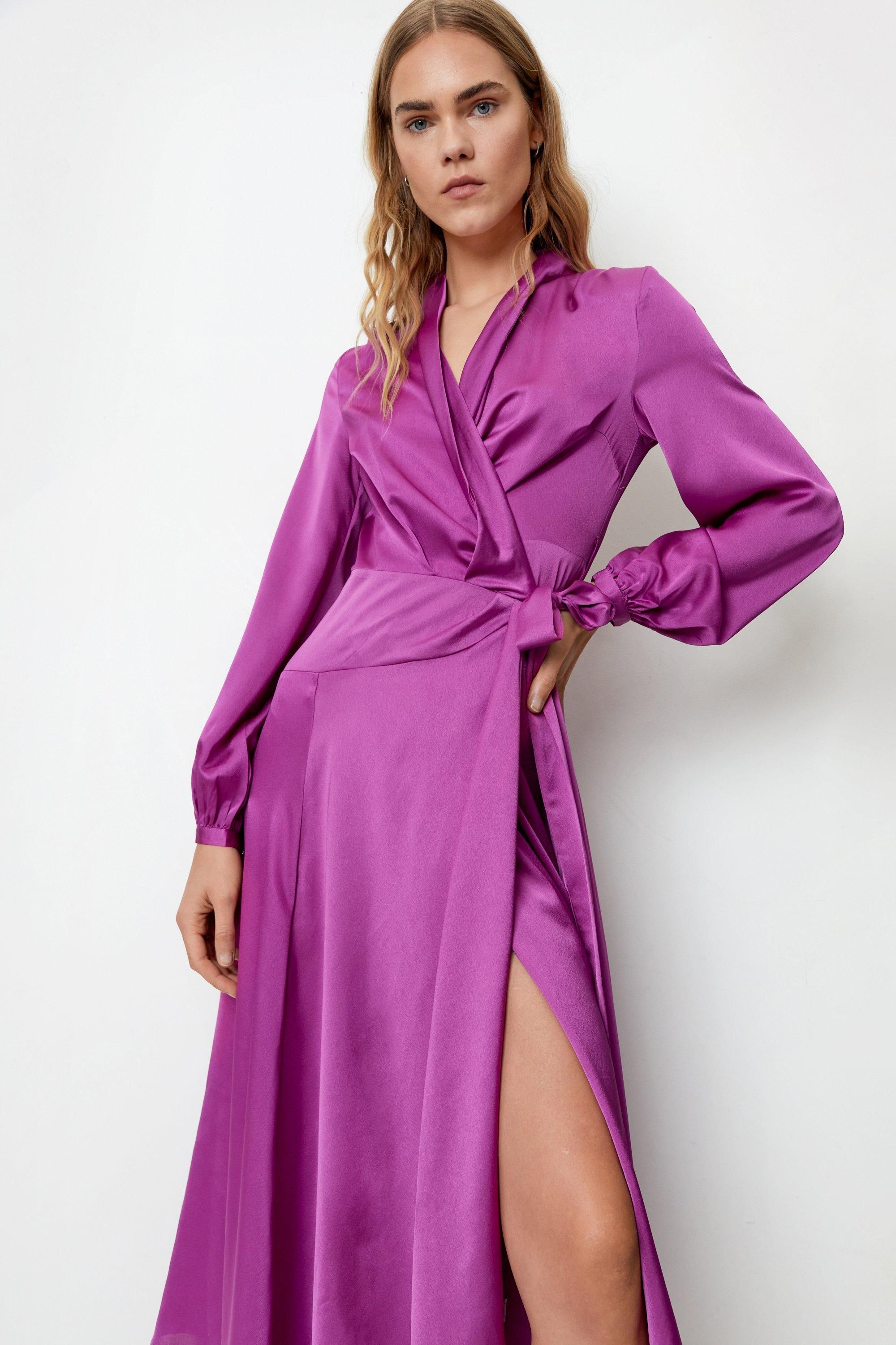 Satin Wrap Long Sleeve Maxi Dress | Nasty Gal (US)