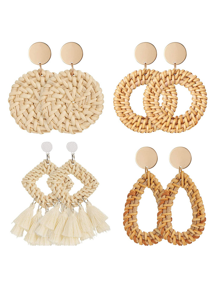 4pairs Rattan Earrings, Lightweight Geometric Shape Tassel Bohemian Earrings, Straw Wicker Weave ... | SHEIN