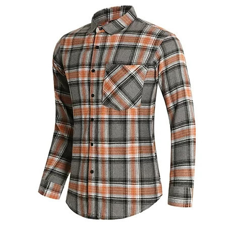 Dyfzdhu Plaid Shirts for Men Trendy Casual Striped Polyester Cotton Buckle Lapel Long Sleeve Shirt Top Blouse Orange | Walmart (US)