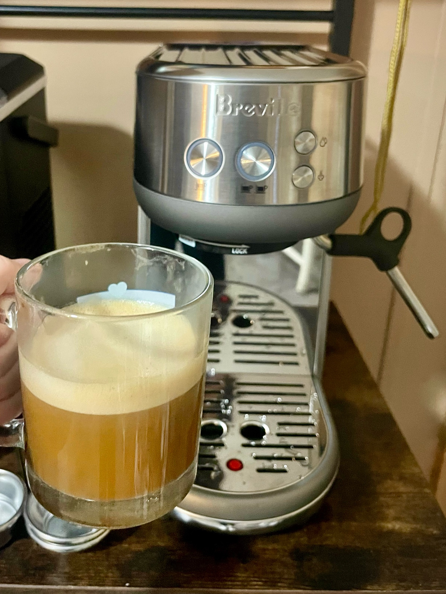 Affordable and easy to use espresso machine! Comes with everything you need.

Linked a couple options of retailers who sell it so you can watch for price drops!