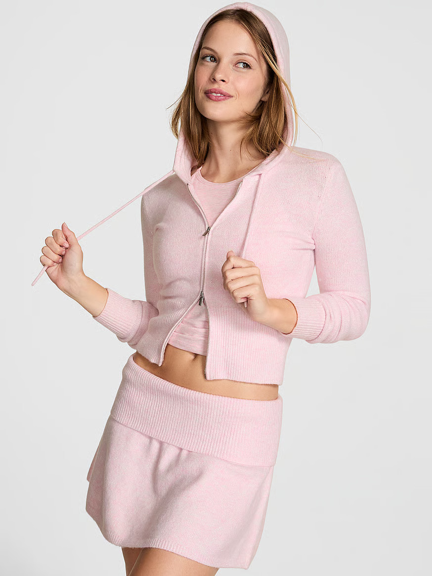 Buy Front-Zip Shrunken Sweater Hoodie, Pink Petal Heather Lurex - Order Sweaters online - PINK US | Victoria's Secret (US / CA )