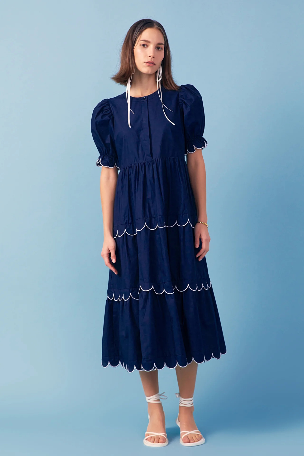 Navy Scalloped Edge Midi Dress | English Factory