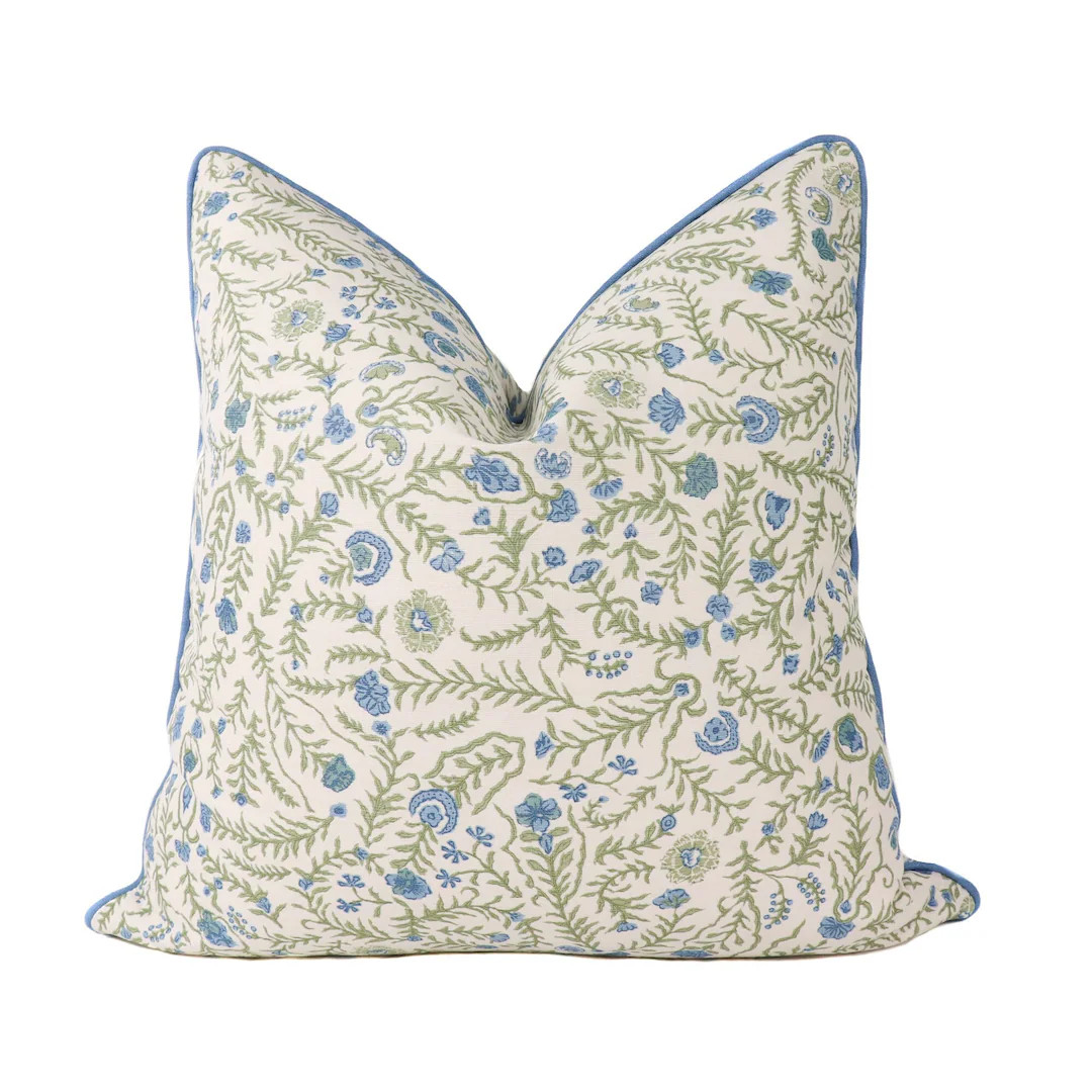 Pillow Cover With CONTRAST WELT /bennison Cinnabar Green Blue on Oyster- Double Sided /designer P... | Etsy (US)