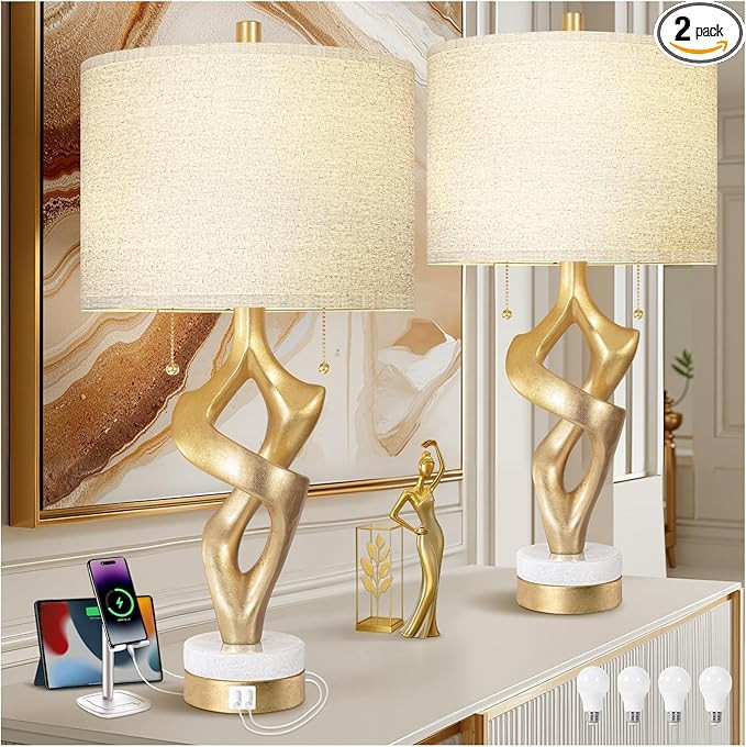 Scenekoy Sculptural Table Lamp Set of 2 with USB Ports for Bedroom Living Room, 26” Gold Leaf M... | Amazon (US)