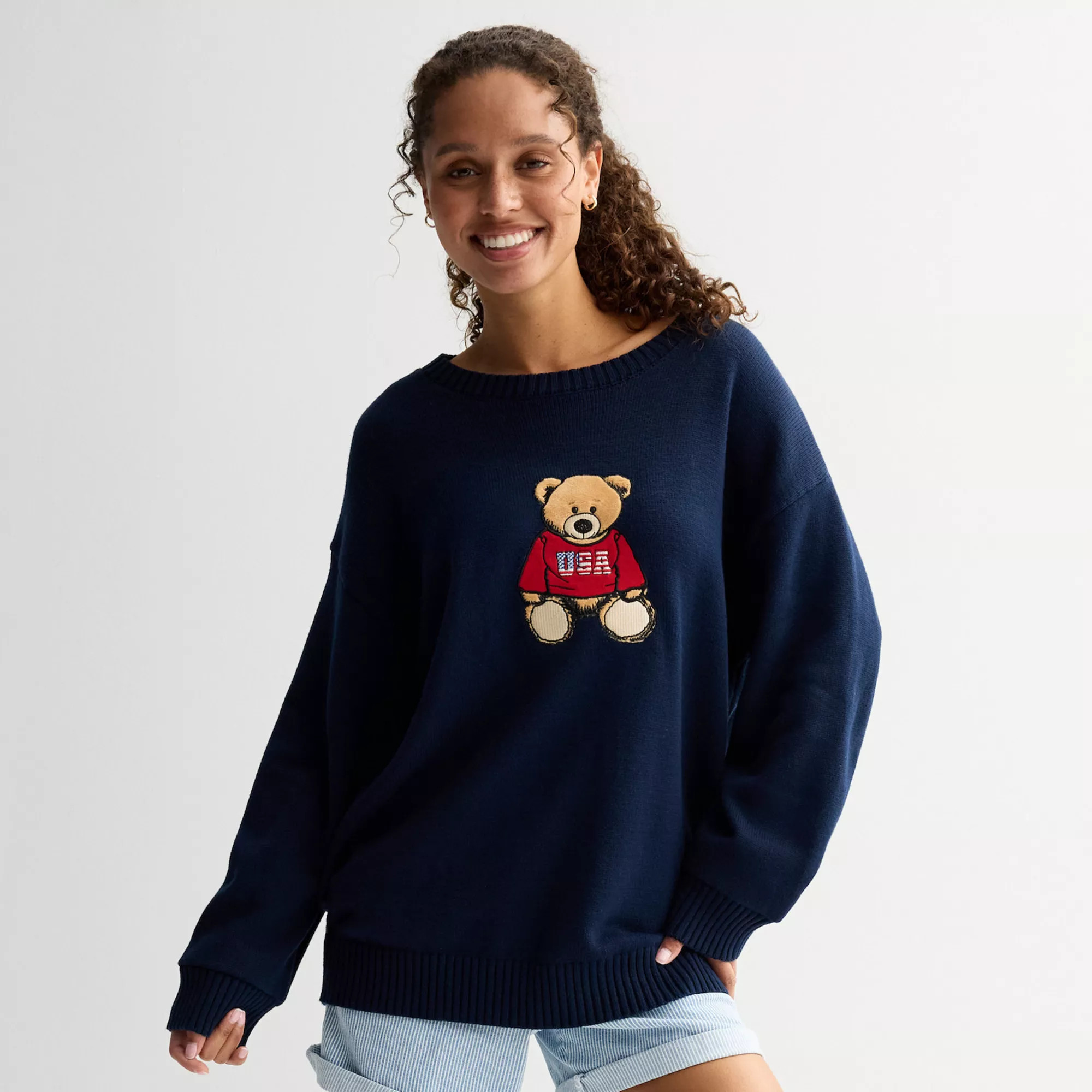 Juniors' Harper & Ivy Americana Bear Sweater | Kohl's