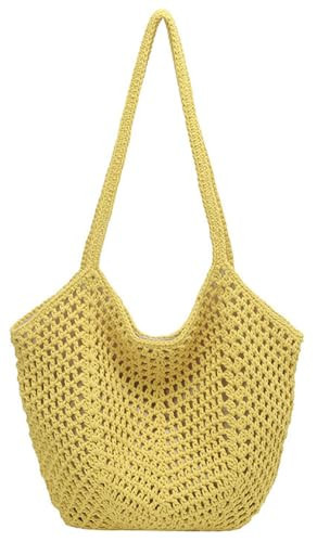 Beach Tote Bag for Women Crochet Purse Large Summer Hobo Woven Shoulder Handbag for Vacation, Yellow, 15.4x0.7x15.6 inches | Amazon (UK)