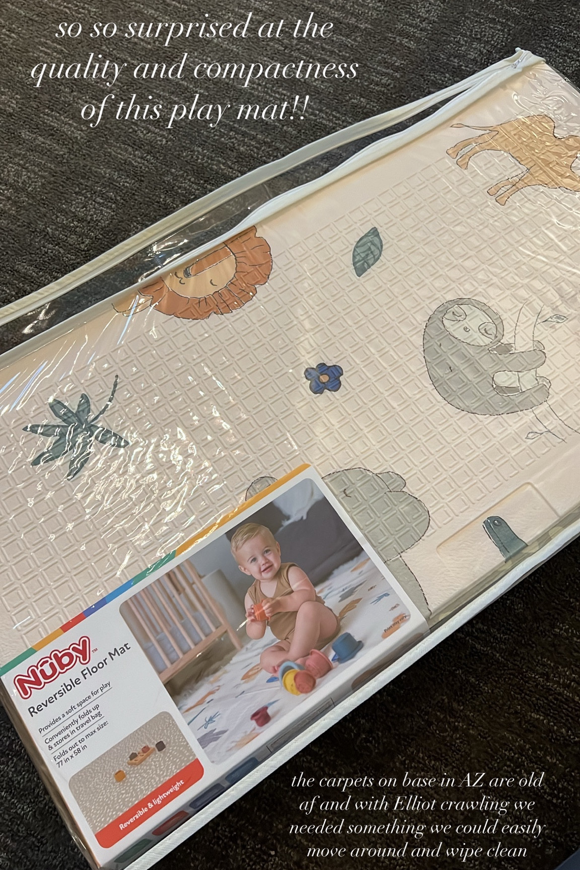 We’ve been loving this play mat for our newly crawling baby! The animals are so fun but it’s also reversible with a cute dotted print! Nice and cushioned for her adventures and under $50

#LTKfindsunder50 #LTKbaby #LTKfamily