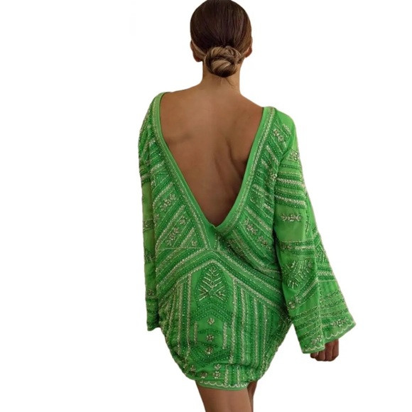 ZARA GREEN BEADED TUNIC DRESS SUMMER BACKLESS PARTY MINI M-L 10 12 | Poshmark