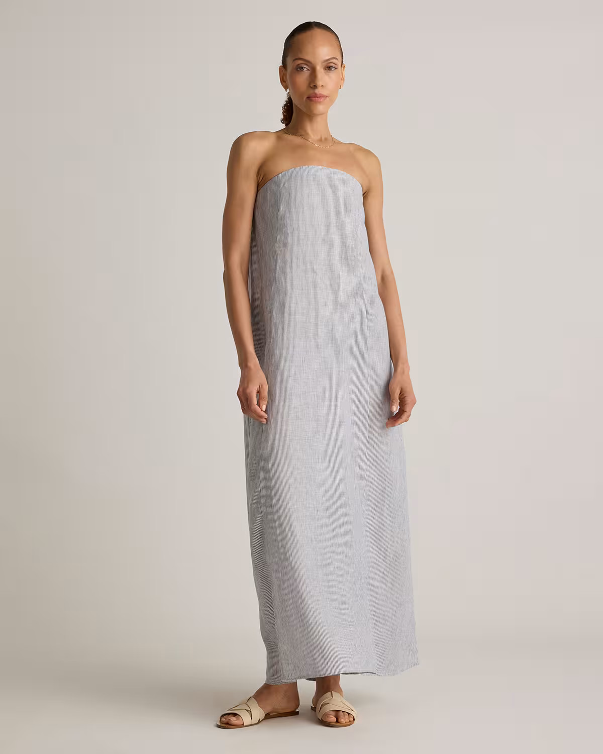 100% European Linen Strapless Maxi Dress in Blue Pinstripe | Quince
