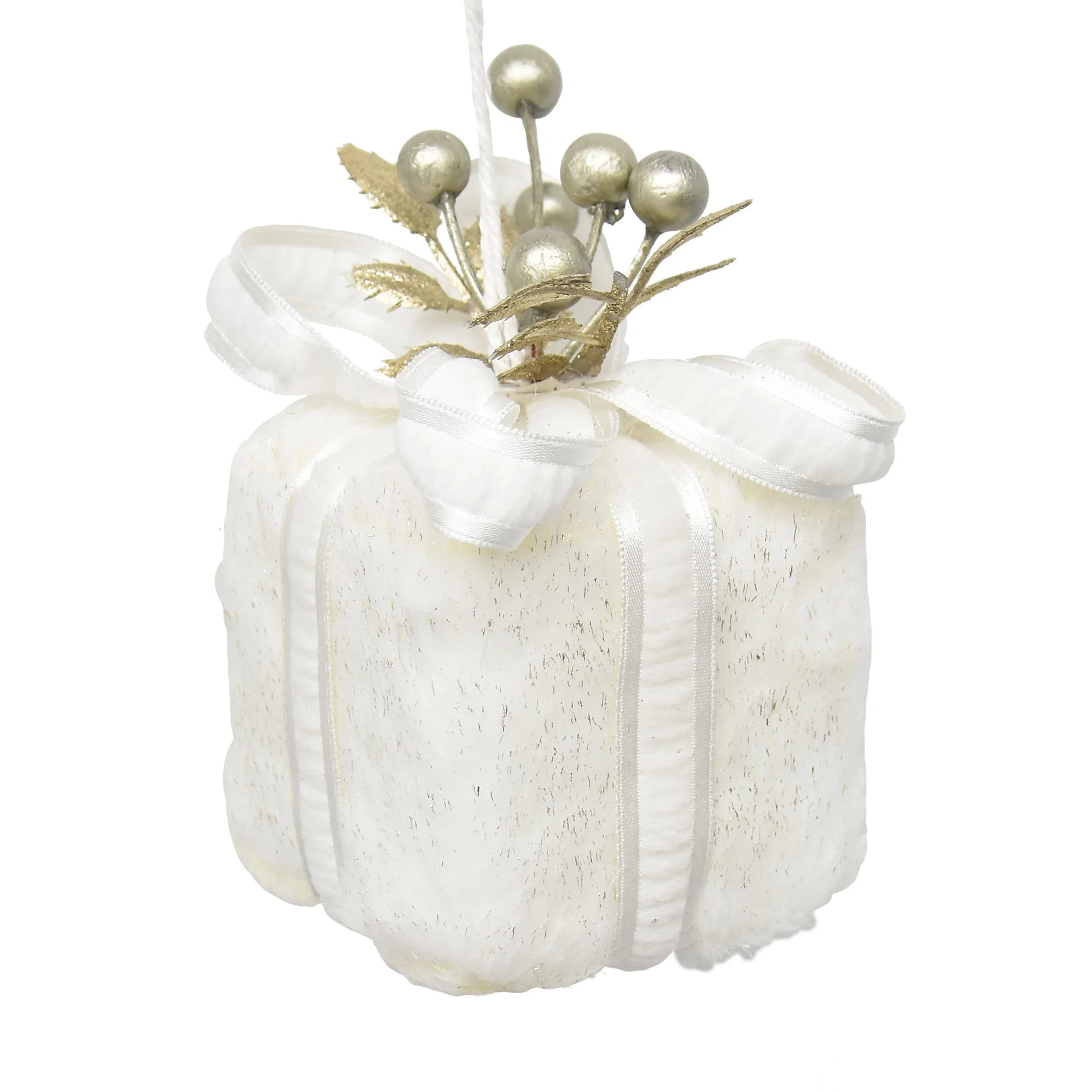 Holiday Time Gold Silver Theme White Fur Gift Box with Gold Leaves and Berry Hanging Decorative A... | Walmart (US)