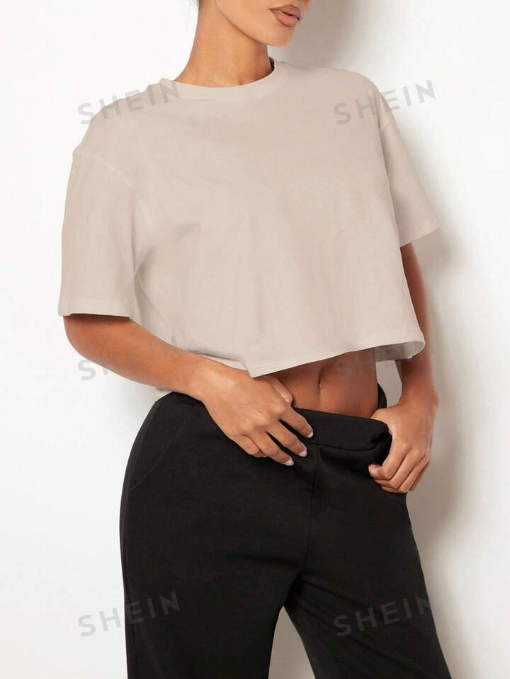 SHEIN BASICS Summer Casual Drop Shoulder Solid Crop Tee | SHEIN