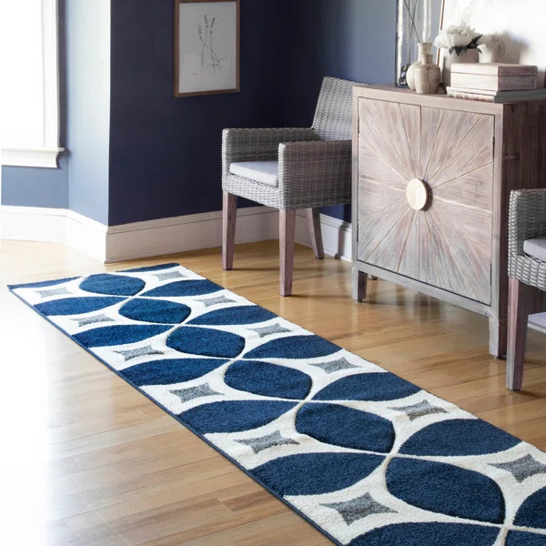 Mcfetridge Geometric Handmade Tufted Area Rug in Navy Blue | Wayfair North America