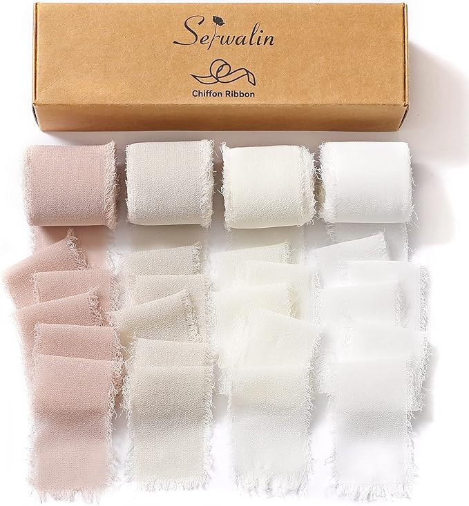 Serwalin 4 Rolls Handmade Fringe Chiffon Silk Ribbon 1.5" x 7Yd Gauze Frayed Edges Nude & White R... | Amazon (US)