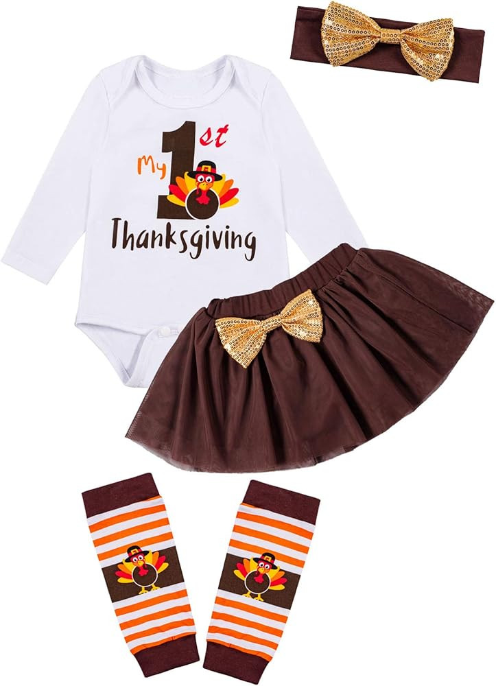Newborn Baby Girls Clothes My First 1st Thanksgiving Outfits Turkey Tutu Skirt Set + Leg Warms | Amazon (US)