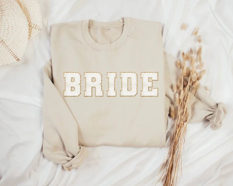 BRIDE Sweatshirt, Printed Faux Chenille Bride Crewneck Sweatshirt, Honeymoon Sweater, Bride Gift,... | Etsy (US)