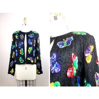 M/L Bright Sequin Butterfly Beaded Cardigan/Rainbow Butterflies Sequined Novelty Jacket | Etsy (US)