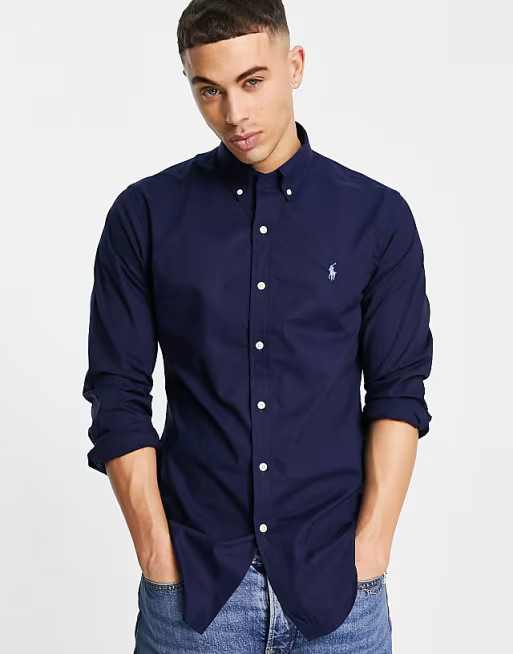 Polo Ralph Lauren player logo slim fit poplin shirt button-down in navy | ASOS (Global)