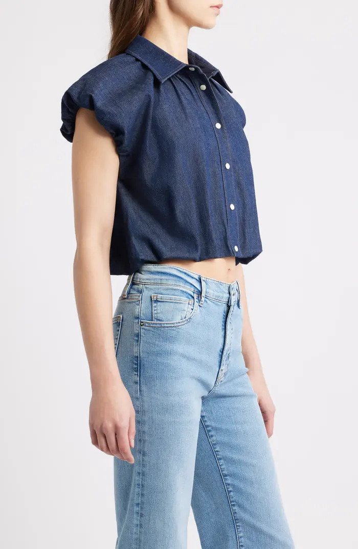 The Shell Denim Puff Sleeve Crop Top | Nordstrom