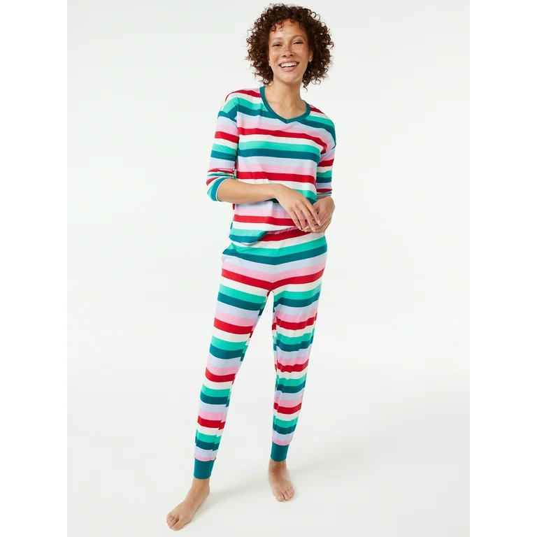 Joyspun Women's Long Sleeve Sleep Top and Jogger PJ Set, 2-Piece, Sizes up to 3X | Walmart (US)