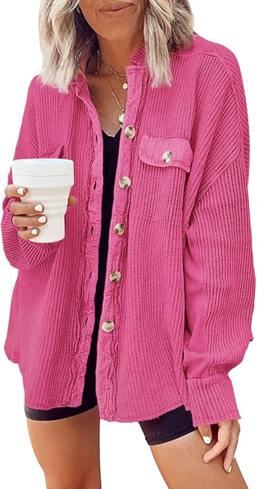 Yanekop Shackets for Women 2025 Waffle Knit Tops Long Sleeve Button Down Shirt Fall Jackets Outfi... | Amazon (US)