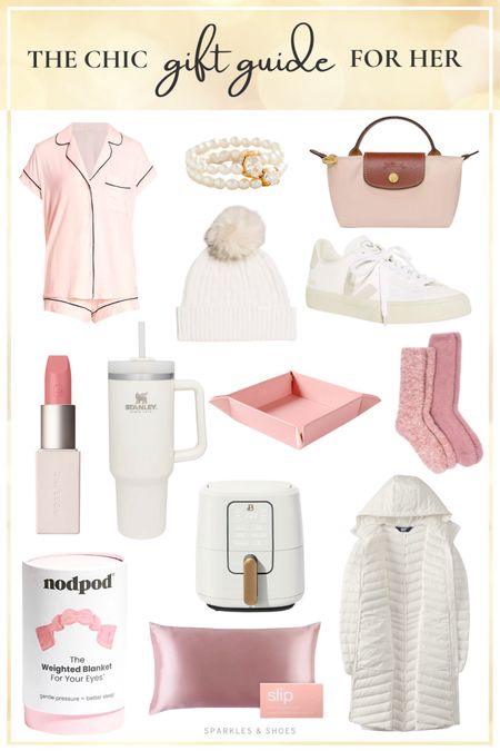 Pretty in pink or cozy in white?  Whichever way you go I would love to find these items under my tree this year.  My cozy Holiday Gift Guide for Her includes this  pajama set // stack of rings // mini tote pom pom hat // low top sneakers lipstick // tumbler // tray // socks sleep mask // silk pillowcase // air fryers // coat

#giftguide #giftsforher #giftideas 