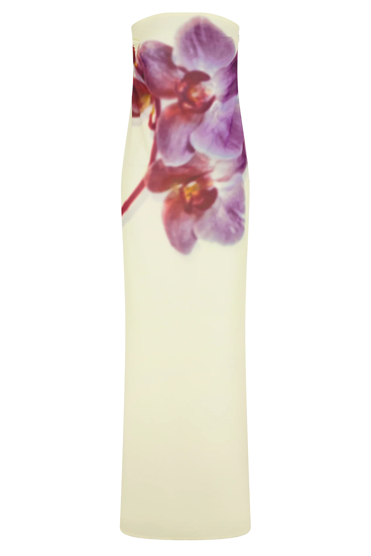 Amaya Strapless Chiffon Maxi Dress - Ivory Koi Orchid Print | MESHKI US