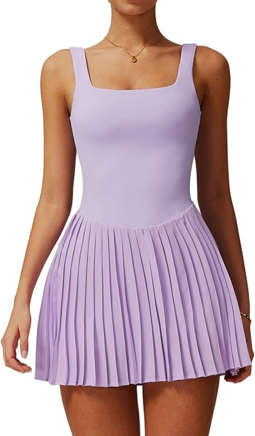 Womens Tennis Golf Dress with Built-in Bra Shorts Backless Square Neck Pleated Hem Athletic Dress... | Amazon (US)