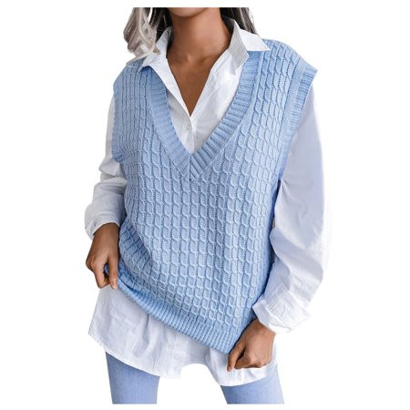 BIZIZA Women Sweater Preppy Casual Solid Color V-Neck Knit Vests Winter Warm Tops Blue M | Walmart (US)