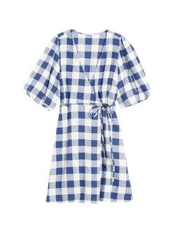 Waist-Defined Puff-Sleeve Gingham Mini Wrap Dress | Old Navy (US)