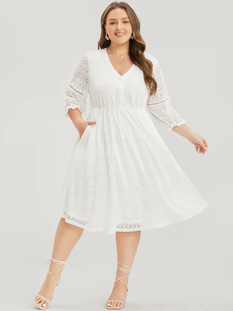 Solid Crochet Lace Button Detail Lantern Sleeve Pocket Midi Dress | Bloomchic