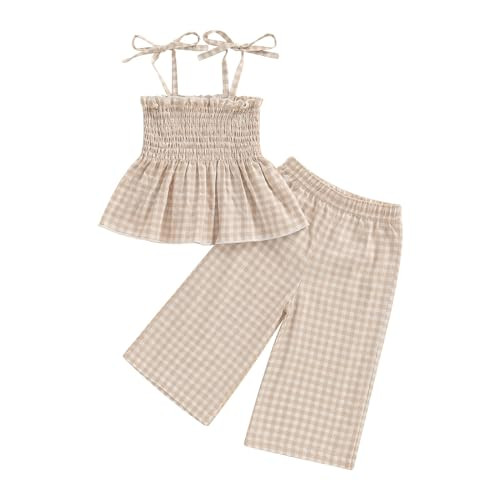 VISGOGO Infant Baby Toddler Girls Clothes Solid Color Sleeveless Camisole Linen Pants Set Baby Summer Outfits (Plaid-Beige, 6-9 Months) | Amazon (US)