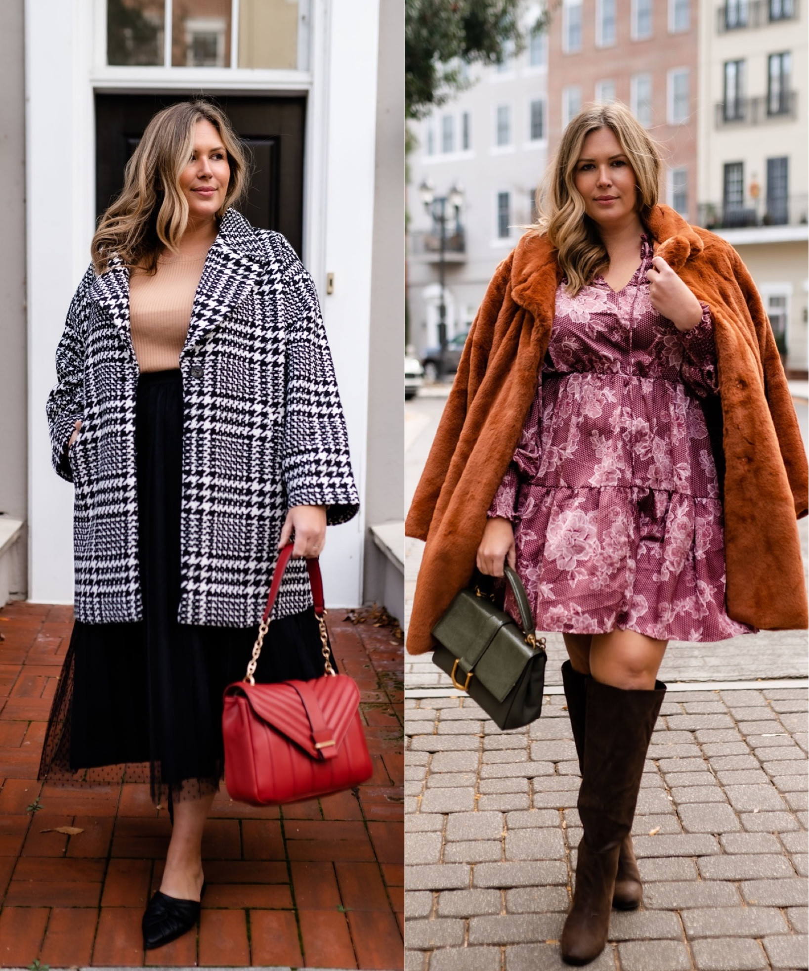 Which wintertime girlie are you?! 😍 Ashley Dorough is wearing head to toe Walmart plus size in both of these chic looks.
Look 1: On the left, she paired this chic red handbag with a classic nude ribbed top, houndstooth coat, and beautiful black tulle skirt. The black pointed flats are timeless. Ashley is wearing a size 18/20 in coat, runs a little generous fyi. The skirt runs true to size so if you’re in between, size up. The top runs true to size and she’s wearing an XXL, fits like a 2x but a little cropped (perfect for tucking in).
Look 2: On the right, Ashley had a little more fun here mixing autumnal color palettes! The dress is a beautiful shade of fuschia, it runs true to size and she’s wearing an 18/20. The faux fur coat is amazing and feels like you’re wearing a blanket, it’s so soft! Runs true to size and she’s wearing a 2x, it’s on rollback for under $30! The widecalf boots are chocolate brown and beautiful, they’re incredibly comfy! She paired a chic olive handbag with all of this to tie it together. 

#LTKHoliday #LTKworkwear #LTKsalealert
