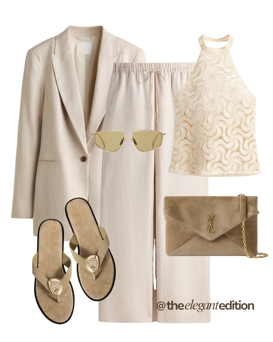 HALTER NECK LOOK - Tonal cream dressing at its best. Lace halter neck top, linen drawstring trousers and a beige blazer for holiday or resort wear #halterneck #blazer #linentrousers #LTKspring #LTKsummer #LTKstyletip 

 #LTKeurope #LTKsummer #LTKdatenight
