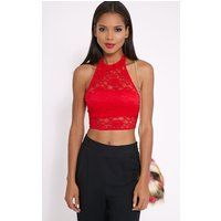 Liana Red Lace Halterneck Crop Top | PrettyLittleThing US