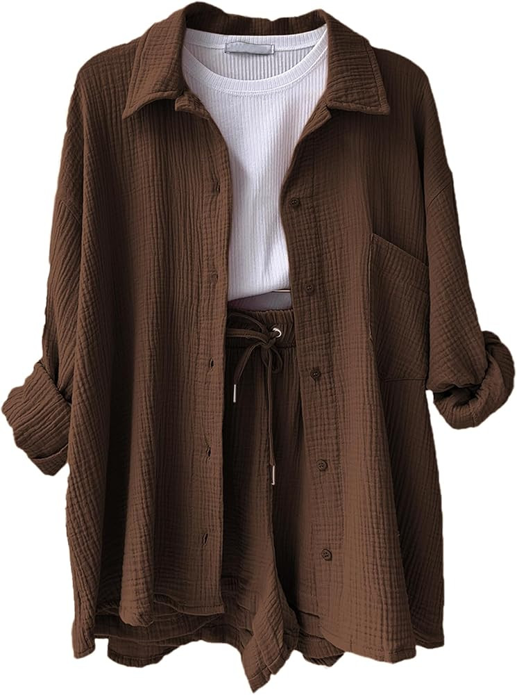 Women's 2-Piece Outfit Set Lounge Tracksuit Long Sleeve Button Shirts and Shorts | Amazon (US)