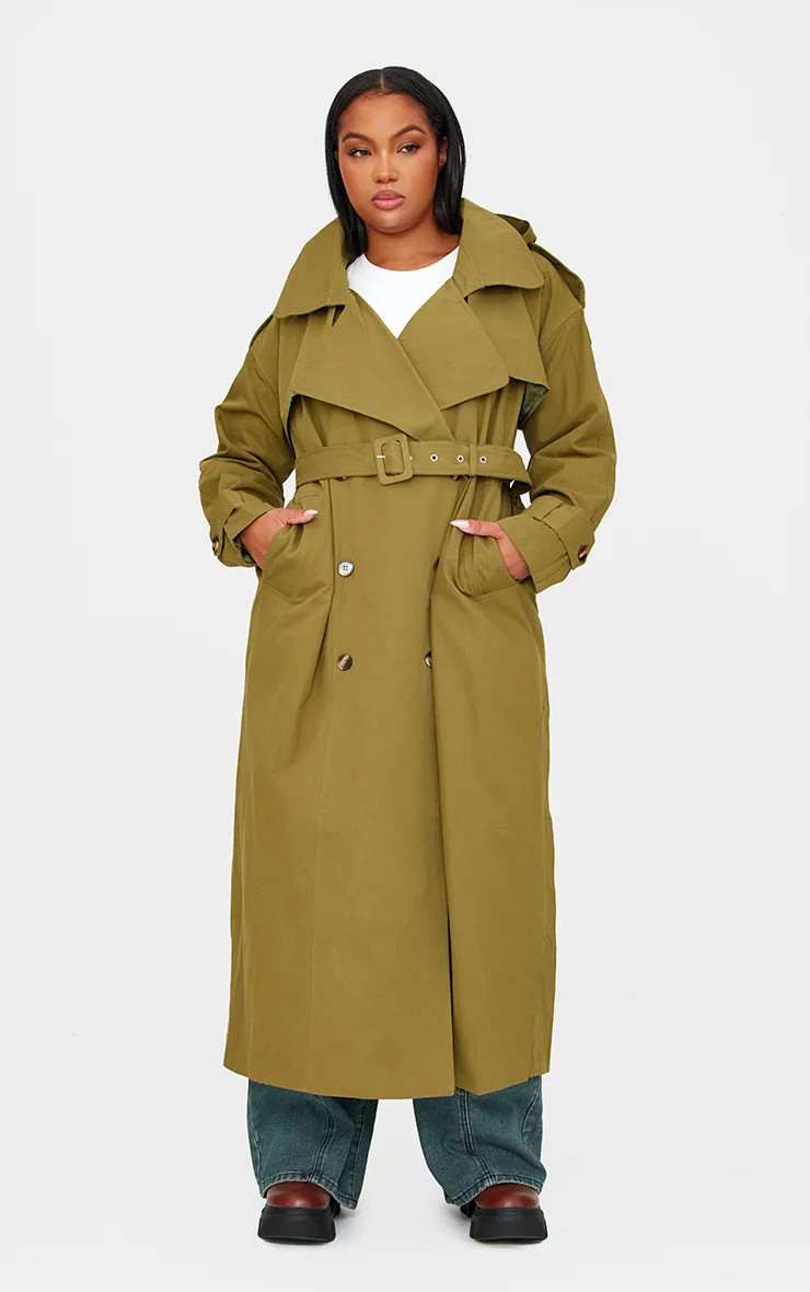 Plus Khaki Woven Hooded Oversized Trench Coat | PrettyLittleThing US