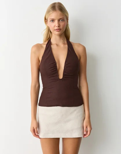 Linen Blend Ruched Halter Neck Blouse | Glassons (Australia)